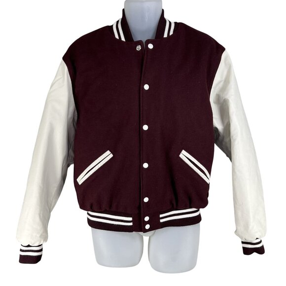 Rennoc Classic Men M Varsity Letterman Bomber Jacket Wool Quilted Burgundy White - Picture 1 of 16